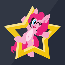 Size: 1200x1200 | Tagged: safe, artist:tridashie, imported from derpibooru, pinkie pie, earth pony, pony, advertisement, advertisement in description, belly button, bipedal, female, full body, looking at you, mare, one eye closed, pale belly, redbubble, simple background, smiling, smiling at you, solo, stars, teepublic, wink, winking at you