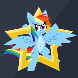 Size: 1200x1200 | Tagged: safe, artist:tridashie, imported from derpibooru, rainbow dash, pegasus, pony, advertisement, advertisement in description, belly button, bipedal, eye clipping through hair, female, full body, looking at you, mare, pale belly, redbubble, simple background, smiling, smiling at you, solo, stars, teepublic