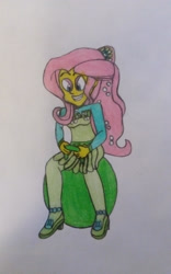 Size: 1280x2048 | Tagged: safe, artist:ewie2002, imported from derpibooru, fluttershy, human, clothes, dress, humanized, solo, space hopper, traditional art