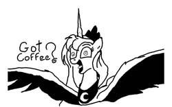 Size: 640x400 | Tagged: safe, artist:brongaar, imported from derpibooru, princess luna, alicorn, pony, black and white, female, grayscale, hypercaffinated, jewelry, luna found the coffee, mare, monochrome, open mouth, open smile, peytral, shrunken pupils, simple background, smiling, solo, spread wings, style emulation, tiara, white background, wings