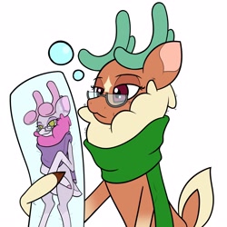 Size: 3000x3000 | Tagged: safe, artist:mrneo, imported from derpibooru, cashmere (tfh), oc, oc:mohair, deer, reindeer, them's fightin' herds, antlers, body pillow, clothes, community related, glasses, scarf, simple background, sleepy, solo, white background