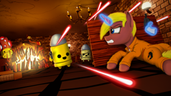 Size: 4000x2250 | Tagged: safe, artist:enteryourponyname, imported from derpibooru, pony, unicorn, 3d, angry, barrel, blast, blender, blonde, book, bullet kin, candle, chains, chandelier, clothes, convict, dungeon, enter the gungeon, eyepatch, gritted teeth, gun, handgun, lamp, lying down, magic, on back, pistol, ponified, prison outfit, red shotgun kin, revolver, shooting, table, teeth, veteran bullet kin, weapon