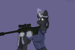 Size: 1080x720 | Tagged: safe, artist:circumflexs, imported from derpibooru, oc, pony, barrett, black and white mane, black coat, clothes, dreadlocks, glowing, glowing horn, green eyes, hand, horn, magic, magic hands, male, simple background, telekinesis, weapon