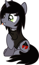 Size: 713x1162 | Tagged: safe, artist:lightningbolt, derpibooru exclusive, imported from derpibooru, pony, unicorn, .svg available, clothes, derp, disguise, disguised siren, fangs, horn, jewelry, kellin quinn, male, necklace, raised hoof, scrunchy face, shirt, show accurate, simple background, sitting, sleeping with sirens, solo, stallion, svg, t-shirt, tongue out, transparent background, vector