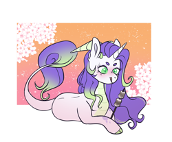 Size: 1376x1140 | Tagged: safe, artist:void-sommar, imported from derpibooru, oc, oc only, dracony, hybrid, unicorn, blushing, dracony oc, female, flower, food, heart, heart eyes, hoof hold, horns, interspecies offspring, licking, licking lips, lying down, mare, marshmallow, offspring, parent:rarity, parent:spike, parents:sparity, passepartout, prone, roasted marshmallow, solo, tongue out, wingding eyes