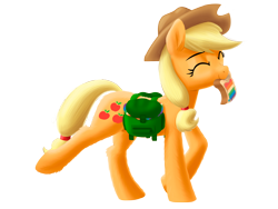 Size: 2880x2160 | Tagged: safe, artist:stellardust, imported from derpibooru, applejack, earth pony, pony, apple, applejack's hat, backpack, bag, bread, cowboy hat, cute, ear fluff, eyes closed, female, food, happy, hat, high res, jackabetes, jam, mare, saddle bag, simple background, solo, transparent background, walking, zap apple, zap apple jam