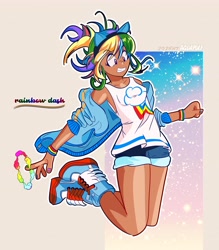 Size: 5045x5763 | Tagged: safe, artist:aquapulp, imported from derpibooru, kotobukiya, rainbow dash, human, armband, clothes, dark skin, female, humanized, kotobukiya rainbow dash, nail polish, pony ears, shoes, shorts, solo, tanktop