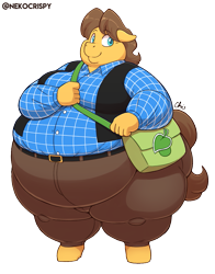 Size: 825x1050 | Tagged: safe, artist:nekocrispy, imported from derpibooru, caramel, anthro, earth pony, unguligrade anthro, bag, belt, bhm, carafat, clothes, fat, fupa, male, morbidly obese, obese, pants, shirt, simple background, smiling, solo, standing, transparent background