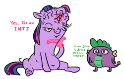 Size: 643x408 | Tagged: safe, artist:jargon scott, imported from derpibooru, spike, twilight sparkle, dragon, pony, unicorn, belly button, big brain, dialogue, duo, emoji, female, hand, hand on chin, lidded eyes, magic, magic hands, male, mare, myers-briggs, sitting, smiling, spike ball, thinking, thinking emoji, underhoof, unicorn twilight, vein bulge