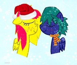 Size: 554x465 | Tagged: safe, artist:deadsmoke, derpibooru exclusive, imported from derpibooru, oc, oc only, pegasus, pony, christmas, clothes, duo, eyes closed, hat, holiday, love, new year, pegasus oc, santa hat, scarf, snow, snowfall, striped scarf, winter