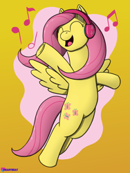 Size: 1500x1995 | Tagged: safe, artist:passionpanther, imported from derpibooru, fluttershy, pegasus, pony, series:ponies with headphones, eyes closed, flying, happy, headphones, music, music notes, open mouth, open smile, singing, smiling, solo, spread wings, wings