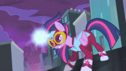 Size: 600x338 | Tagged: safe, imported from derpibooru, screencap, masked matter-horn, the unconditioner, twilight sparkle, alicorn, earth pony, pony, power ponies (episode), animated, beam, female, gif, glasses, henchmen, male, mare, power ponies, snow, snowball, stallion, twilight sparkle (alicorn)