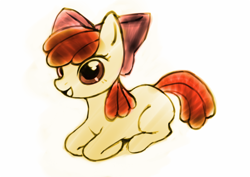 Size: 600x424 | Tagged: safe, artist:aruurara, imported from derpibooru, apple bloom, earth pony, pony, female, filly, foal, lying down, prone, simple background, solo, white background