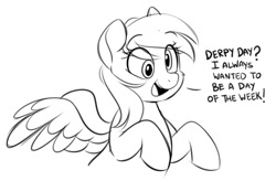 Size: 1102x721 | Tagged: safe, artist:higgly-chan, imported from derpibooru, derpy hooves, pegasus, pony, cute, derpabetes, derpy day, dialogue, eye clipping through hair, eyebrows, eyebrows visible through hair, female, grayscale, mare, monochrome, open mouth, simple background, solo, spread wings, talking, white background, wings