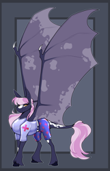 Size: 2160x3345 | Tagged: safe, artist:parrpitched, imported from derpibooru, oc, oc:nurse lavender blossom, bat pony, bat pony oc, clothes, fireheart76's latex suit design, latex, latex clothes, latex shirt, latex shorts, latex suit, pajamas, prisoners of the moon, rubber, solo