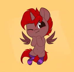 Size: 1054x1039 | Tagged: safe, artist:rexyseven, imported from derpibooru, oc, oc only, oc:hardy, alicorn, pony, alicorn oc, chibi, clothes, horn, male, one eye closed, socks, solo, stallion, striped socks, wings