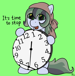 Size: 1702x1728 | Tagged: safe, artist:hardrock, imported from derpibooru, oc, oc only, oc:dusty soil, earth pony, pony, clock, earth pony oc, female, green background, it's time to stop, looking at you, mare, meme, oda 997, simple background, solo