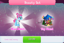 Size: 1266x860 | Tagged: safe, imported from derpibooru, blue bobbin, pony, unicorn, balloon, bundle, bush, clothes, costs real money, english, female, gameloft, glasses, hair bun, horn, mare, mobile game, my little pony: magic princess, numbers, official, plushie, sale, text