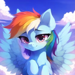 Size: 2560x2560 | Tagged: safe, imported from derpibooru, rainbow dash, pegasus, pony, ai content, ai generated, cloud, cute, dashabetes, eyebrows, eyebrows visible through hair, female, high res, looking at you, mare, sky, smiling, smiling at you, solo, spread wings, wings