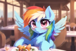 Size: 768x512 | Tagged: safe, imported from derpibooru, rainbow dash, pegasus, pony, ai content, ai generated, blushing, cute, female, food, glass, mare, restaurant, solo, spread wings, wine glass, wings