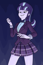 Size: 1503x2284 | Tagged: safe, artist:moonatik, imported from derpibooru, starlight glimmer, human, equestria girls, abstract background, bowtie, clothes, crystal prep academy uniform, cuffs (clothes), eyeshadow, legs, limited palette, makeup, s5 starlight, school uniform, shirt, skirt, solo