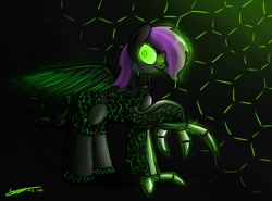 Size: 800x593 | Tagged: artist needed, safe, imported from derpibooru, oc, oc only, oc:dawn (project horizons), cyborg, pegasus, pony, fallout equestria, fallout equestria: project horizons, artificial wings, augmented, claws, cyber eye, cyber eyes, dark, fanfic art, female, glowing, green, green eyes, hexagon, level 3 (harbinger cyberpunk) (project horizons), mare, mechanical hands, mechanical wing, mother, purple mane, wings