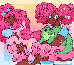 Size: 720x636 | Tagged: safe, artist:skippiwen, imported from derpibooru, gummy, pinkie pie, alligator, earth pony, human, pony, afro puffs, bow, bracelet, candy, chubby, clothes, cute, dark skin, diapinkes, ear piercing, eyes closed, female, food, hair bow, happy, humanized, jewelry, open mouth, open smile, piercing, self paradox, self ponidox, skirt, smiling
