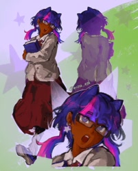 Size: 720x896 | Tagged: safe, artist:trina_tisk, imported from derpibooru, twilight sparkle, human, cat ears, clothes, dark skin, ear piercing, earring, glasses, humanized, jewelry, open mouth, piercing, skirt, walking