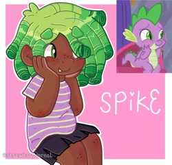 Size: 720x691 | Tagged: safe, artist:strwberrycereal, imported from derpibooru, spike, dragon, human, clothes, crossdressing, cute, dark skin, dreadlocks, fangs, freckles, hand on face, humanized, scene interpretation, simple background, skirt, spikabetes