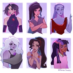 Size: 720x713 | Tagged: safe, artist:naman_doodles, imported from derpibooru, twilight sparkle, human, six fanarts, amethyst (steven universe), aphrodite, dark skin, dc comics, disney, gem, glasses, hercules, humanized, megara, ponytail, raven (dc comics), steven universe, teen titans, vidia