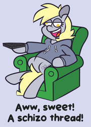 Size: 4512x6251 | Tagged: safe, artist:threetwotwo32232, imported from derpibooru, derpy hooves, pegasus, pony, clothes, couch, family guy, female, gray background, hoodie, mare, meme, parody, ponified meme, remote, simple background, solo