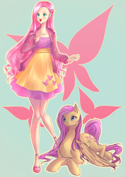 Size: 2140x3024 | Tagged: safe, artist:tatsuk0, imported from derpibooru, fluttershy, human, pegasus, pony, clothes, cutie mark background, dress, female, human ponidox, humanized, jacket, jewelry, lying down, mare, necklace, open mouth, open smile, prone, self paradox, self ponidox, smiling