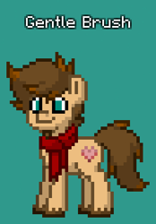 Size: 288x414 | Tagged: safe, imported from derpibooru, oc, oc only, oc:gentle brush, earth pony, pony, pony town, brown mane, clothes, cutie mark, earth pony oc, facial hair, male, reference sheet, scarf, simple background, solo, teal background, teal eyes, unshorn fetlocks