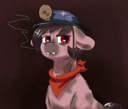 Size: 2543x2160 | Tagged: safe, artist:aliceg, imported from derpibooru, oc, oc only, oc:number nine, earth pony, pony, bust, cigarette, dirty, earth pony oc, female, floppy ears, headlamp, helmet, lidded eyes, mare, mining helmet, neckerchief, scar, solo