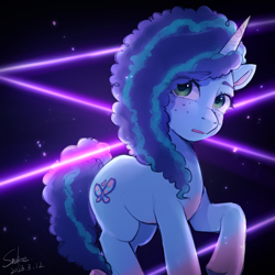 Size: 2048x2048 | Tagged: safe, artist:xiaowu07, derpibooru exclusive, imported from derpibooru, pony, unicorn, curly mane, dark background, dodge, female, freckles, g5, glowing, laser, looking at you, mare, misty brightdawn, raised hoof, solo