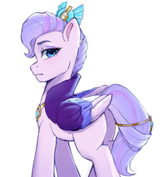 Size: 1922x2048 | Tagged: safe, artist:xiaowu07, imported from derpibooru, queen haven, pegasus, pony, butt, colored wings, crown, eyebrows, female, folded wings, frown, g5, havenbutt, hips, jewelry, looking at you, looking back, looking back at you, mare, multicolored wings, plot, regalia, simple background, solo, three quarter view, white background, wings