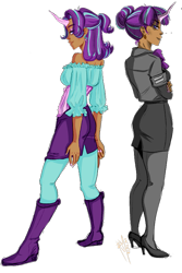 Size: 589x884 | Tagged: safe, artist:himram, imported from derpibooru, starlight glimmer, human, boots, clothes, dark skin, high heel boots, horn, humanized, shirt, shoes, shorts, simple background, solo, transparent background, uniform