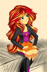 Size: 626x960 | Tagged: safe, artist:sweetpie, imported from derpibooru, sunset shimmer, human, equestria girls, boots, clothes, high heel boots, jacket, shirt, shoes, simple background, skirt, solo, vest