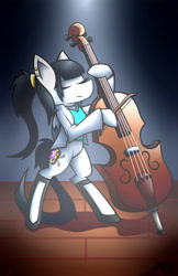 Size: 1920x2967 | Tagged: safe, artist:eldrick, imported from derpibooru, oc, oc only, oc:maddie, pegasus, pony, bipedal, bow (instrument), cello, clothes, ear piercing, eyes closed, female, folded wings, jacket, mare, musical instrument, pegasus oc, piercing, playing instrument, ponytail, redraw, shirt, smiling, solo, wings, yin-yang