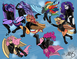 Size: 1017x786 | Tagged: safe, artist:artsyaccountant, imported from derpibooru, applejack, fluttershy, pinkie pie, rainbow dash, rarity, sci-twi, starlight glimmer, sunset shimmer, twilight sparkle, alicorn, anthro, human, equestria girls, alicorn humanization, alicorn six, alicornified, applecorn, carrying, clothes, crying, fluttercorn, flying, grin, happy, holding, horned humanization, jetpack, laughing, leotard, open mouth, pinkiecorn, pointing, race swap, rainbowcorn, raricorn, screaming, shimmercorn, sky, sky background, smiling, starlicorn, tears of fear, twilight sparkle (alicorn), upside down, winged humanization, xk-class end-of-the-world scenario