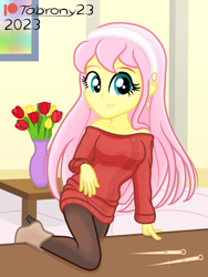 Size: 914x1213 | Tagged: safe, artist:tabrony23, imported from derpibooru, fluttershy, human, equestria girls, beautiful, breasts, busty fluttershy, clothes, cosplay, costume, crossover, cute, female, high res, looking at you, patreon, patreon logo, shoes, show accurate, smiling, smiling at you, solo, spy x family, yor forger, yorshy