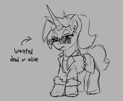 Size: 793x649 | Tagged: safe, artist:reddthebat, imported from derpibooru, oc, oc only, oc:dyx, alicorn, pony, alicorn oc, arrow, clothes, female, filly, foal, glasses, gray background, grayscale, horn, jacket, looking at you, monochrome, simple background, sketch, solo, sunglasses, text, wingless