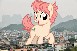 Size: 2048x1360 | Tagged: safe, artist:cheezedoodle96, edit, editor:jaredking779, imported from derpibooru, raspberry vinaigrette, earth pony, pony, background pony, china, female, giant pony, giant/macro earth pony, giantess, guilin, highrise ponies, irl, macro, mare, mega giant, photo, ponies in real life, solo