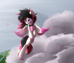 Size: 2000x1700 | Tagged: safe, artist:rainydark, imported from derpibooru, oc, oc only, oc:lunylin, fly, insect, pegasus, pony, cloud, cute, digital art, female, flying, heterochromia, lineless, looking at each other, looking at someone, pegasus oc, sky, solo