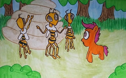 Size: 1136x704 | Tagged: safe, artist:dex stewart, imported from derpibooru, scootaloo, bee, insect, pony, race swap, traditional art, wingless