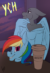 Size: 1640x2360 | Tagged: safe, artist:stirren, imported from derpibooru, rainbow dash, anthro, unguligrade anthro, clothes, cloud, coffee, commission, cosplay, costume, disembodied head, fursuit, phone, ponysuit, sitting, sunset, window, your character here