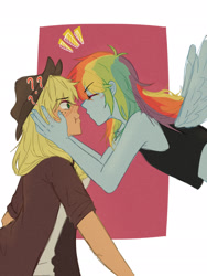 Size: 1536x2048 | Tagged: safe, artist:mintkw, imported from derpibooru, applejack, rainbow dash, human, appledash, applejack's hat, bare shoulders, cowboy hat, emanata, female, hat, humanized, imminent kissing, lesbian, question mark, shipping, sleeveless, winged humanization, wings