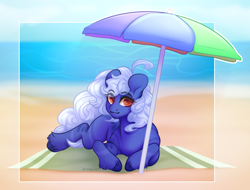 Size: 5576x4248 | Tagged: safe, artist:dreamyrat, imported from derpibooru, oc, earth pony, pony, beach, earth pony oc, looking at you, lying down, prone, solo, umbrella, unshorn fetlocks, water