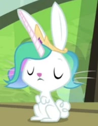 Size: 718x925 | Tagged: safe, imported from derpibooru, screencap, angel bunny, princess celestia, rabbit, testing testing 1-2-3, angelestia, animal, cropped, crown, eyes closed, horn, jewelry, princess, regalia, solo