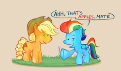 Size: 1560x912 | Tagged: safe, artist:sunfishingart, imported from derpibooru, applejack, rainbow dash, pegasus, pony, appledash, applejack's hat, cowboy hat, female, hat, lesbian, shipping, simple background, speech bubble